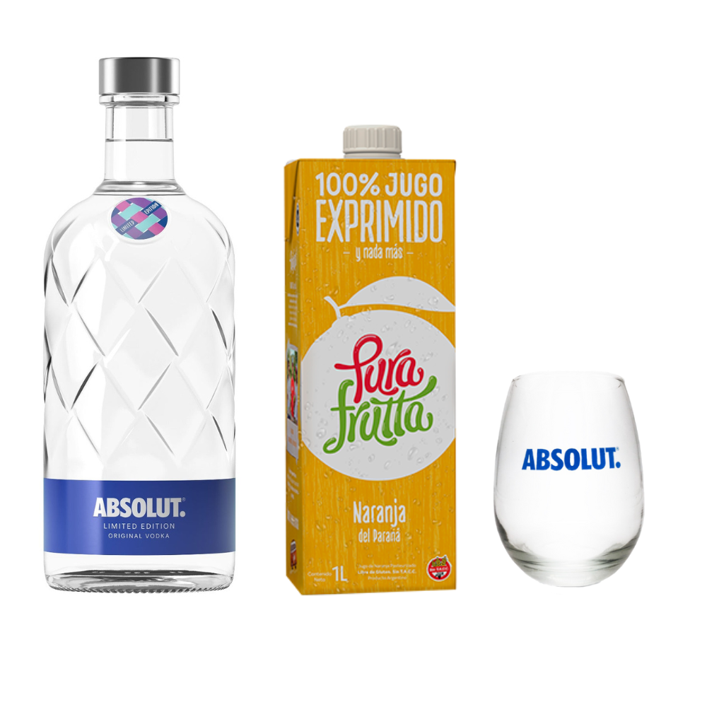 Vodka Absolut 750ml + 1 Jugo de Naranja Pura Frutta 1L + Vaso Absolut de regalo!
