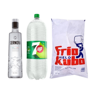 Vodka Sernova 700ml + Hielo 3kg + 7Up 2.5L
